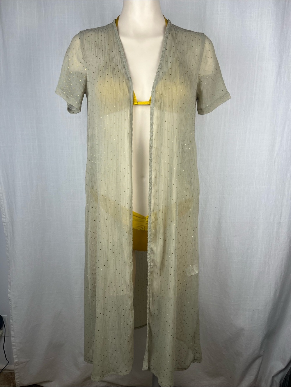 PrettyLittleThing Cream Sheer Dotted Cover-Up with Gold Accents US 4